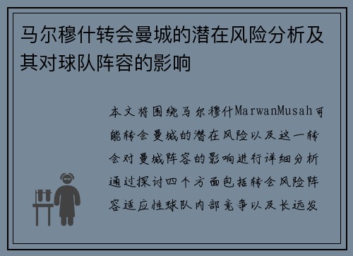 马尔穆什转会曼城的潜在风险分析及其对球队阵容的影响