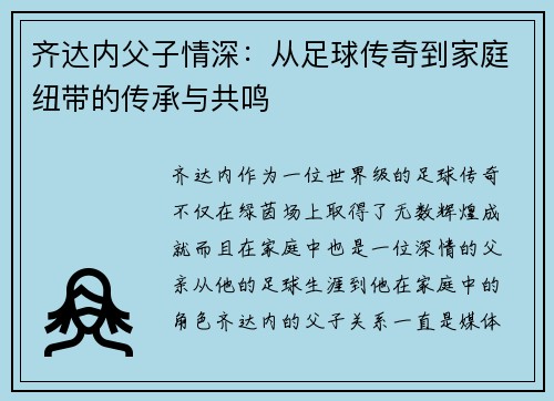 齐达内父子情深：从足球传奇到家庭纽带的传承与共鸣