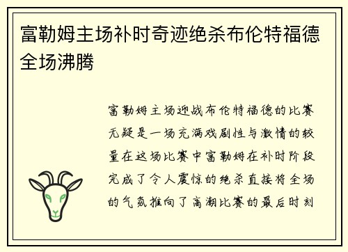 富勒姆主场补时奇迹绝杀布伦特福德全场沸腾